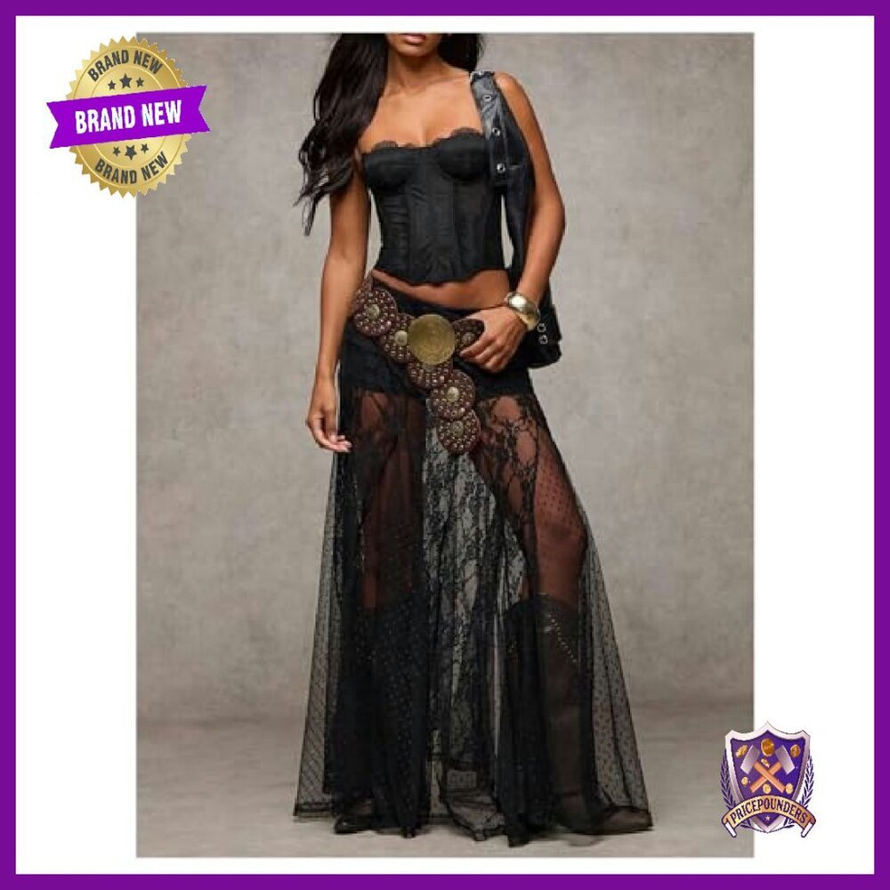 Sheer Lace Maxi Skirt Elastic Waist Flowy A-Line Ruffle Hem - Picture 6 of 8